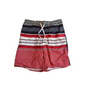 Op Mens Striped Swim Board Shorts L Red White Blue Drawstring Side Pocket Y2K